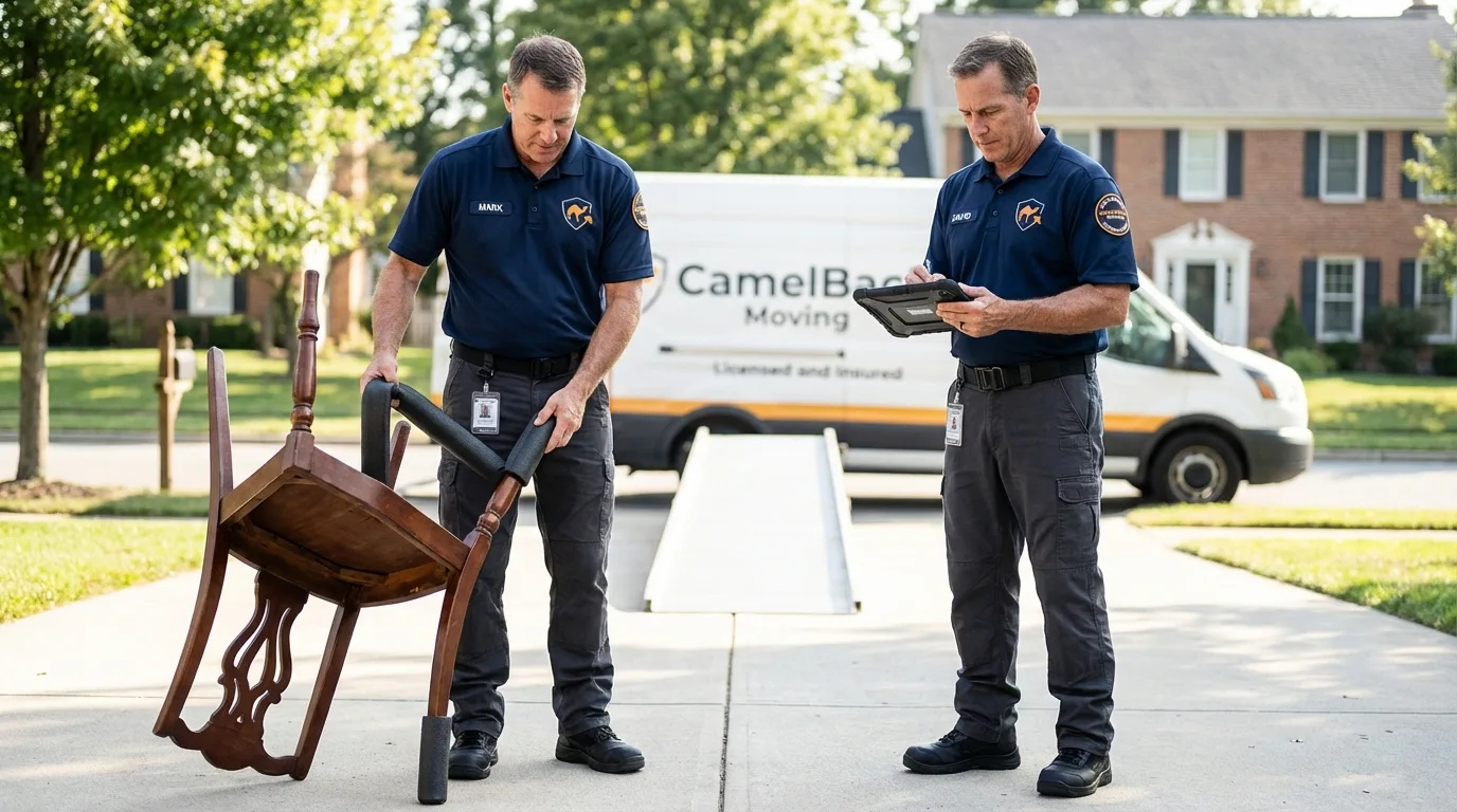 Movers inspecting furniture for damage prevention before loading in Peshtigo, WI